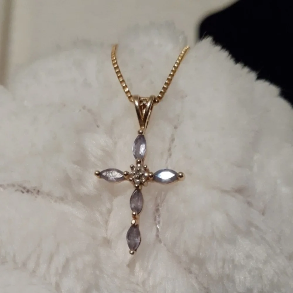 Solid 14k Gold Tanzanite Diamond Cross Pendant - Picture 3 of 14